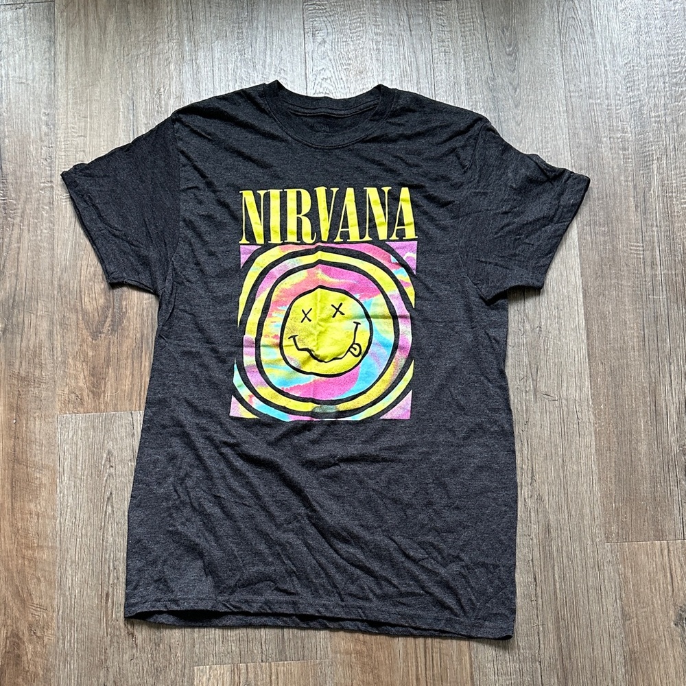 NIRVANA Black Tee with Colorful Smiley Design